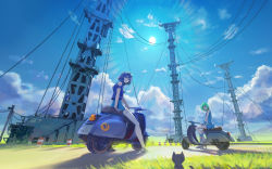 Rule 34 | 2girls, arm support, arsenixc, bare shoulders, bob cut, cable, cat, cloud, crossover, eureka (eureka seven), eureka seven, eureka seven (series), fisheye, from below, goggles, goggles on head, grass, green hair, highres, isle of winds, light rays, motor vehicle, multiple girls, off shoulder, purple eyes, purple hair, road, sandals, scenery, scooter, shadow, short hair, sky, structure, sun, sunbeam, sunlight, vehicle, vespa, wallpaper, white legwear, yumi (isle of winds)