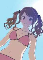 Rule 34 | 1girl, amagami, bikini, blue sky, blush, breasts, brown eyes, brown hair, cleavage, from below, highres, medium breasts, nakata sae, navel, parted lips, pink bikini, sky, solo, sunlight, swimsuit, twintails, upper body, warder2013, wavy hair