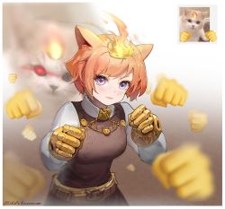 Rule 34 | 1girl, :3, animal, animal ears, artist name, black dress, blouse, border, breasts, brown hair, cat, cat ears, cat girl, clenched hands, closed mouth, dress, fire, gauntlets, glowing, glowing eye, hands up, highres, incoming attack, incoming punch, looking at viewer, meinoss, orange hair, original, photo inset, pinafore dress, projected inset, punching, purple eyes, reference inset, shirt, short hair, sleeveless dress, white border, white shirt