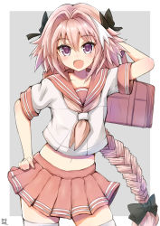 Rule 34 | 1boy, :d, arm behind head, arm up, astolfo (fate), astolfo (sailor paladin) (fate), bag, bow, braid, contrapposto, cowboy shot, crop top, fang, fate/apocrypha, fate/grand order, fate (series), hair bow, hair intakes, hand on own hip, highres, holding, holding bag, long hair, looking at viewer, male focus, midriff, multicolored hair, navel, nayuhi (yukimuu14), neckerchief, official alternate costume, open mouth, pink hair, pink neckerchief, pink skirt, pleated skirt, purple eyes, school bag, school uniform, serafuku, short sleeves, single braid, skirt, smile, solo, standing, thighhighs, trap, two-tone background, two-tone hair, very long hair, white thighhighs