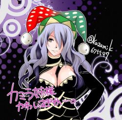 Rule 34 | 1girl, armor, breasts, bug, butterfly, camilla (fire emblem), cleavage, closed mouth, fire emblem, fire emblem fates, hair over one eye, hat, insect, jester cap, kazami kei, large breasts, looking to the side, nintendo, purple hair, solo, turtleneck, upper body