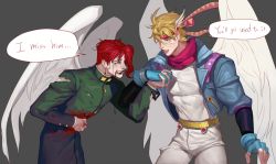 Rule 34 | 2boys, angel wings, bad id, bad pixiv id, blonde hair, blood, blood from mouth, blood on clothes, blouse, blue jacket, caesar anthonio zeppeli, english text, facial mark, gakuran, grey background, headband, holding hands, jacket, jojo no kimyou na bouken, kakyoin noriaki, male focus, multiple boys, red hair, school uniform, shirt, simple background, sobi (dnenqkswja), torn clothes, wavy hair, white shirt, wings
