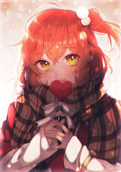 Rule 34 | 1girl, absurdres, backlighting, brown scarf, candy, chromatic aberration, closed mouth, enpera, fate/grand order, fate (series), food, fujimaru ritsuka (female), fujimaru ritsuka (female) (new year&#039;s greetings), hair bobbles, hair ornament, heart, heart-shaped lollipop, highres, holding, lollipop, long sleeves, looking at viewer, official alternate costume, one side up, orange hair, own hands together, plaid, plaid scarf, ribbon, scarf, shaped lollipop, short hair, smile, solo, suna co, upper body, white ribbon, yellow eyes