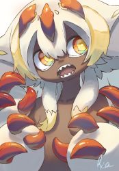 Rule 34 | 1girl, animal ears, claws, close-up, commentary request, dark-skinned female, dark skin, fangs, faputa, fewer digits, highres, looking at viewer, made in abyss, monster girl, short hair, signature, solo, tuthigael, very dark skin, white background, white fur, white hair, yellow eyes