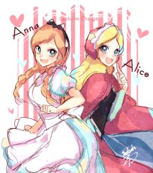 Rule 34 | 2girls, alice, alice (alice in wonderland), alice in wonderland, anna (frozen), blonde hair, blue eyes, braid, character name, cosplay, costume switch, crossover, frozen (disney), happy, heart, highres, multiple girls, red hair, smile, twin braids