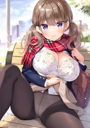 Rule 34 | 1girl, blazer, blue jacket, bra, breasts, brown hair, brown pantyhose, brown skirt, cleavage, clothes lift, fringe trim, jacket, knee up, large breasts, lifted by self, long hair, looking at viewer, miniskirt, open clothes, open jacket, original, oryo (oryo04), panties, panties under pantyhose, pantyhose, plaid, pleated skirt, purple eyes, scarf, shirt, shirt lift, sitting, skirt, skirt lift, smile, solo, thighband pantyhose, twintails, underwear, white bra, white panties, white shirt