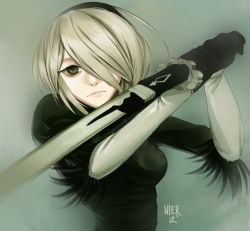 Rule 34 | 1girl, 2b (nier:automata), android, artist request, bad anatomy, bad proportions, black dress, black gloves, black hairband, breasts, copyright name, dress, english text, expressionless, feather-trimmed sleeves, fur trim, gloves, green dress, green eyes, hair over one eye, hairband, holding, holding weapon, juliet sleeves, long sleeves, medium breasts, mole, mole under mouth, narrow waist, nier:automata, nier (series), no blindfold, poorly drawn, puffy sleeves, short hair, silver hair, simple background, solo, sword, upper body, weapon