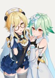 Rule 34 | 2girls, animal ears, blonde hair, blush, brown eyes, closed mouth, cosplay, dress, genshin impact, glasses, gloves, green hair, hat, highres, looking at viewer, lumine (genshin impact), lumine (genshin impact) (cosplay), multicolored clothes, multicolored gloves, multiple girls, open mouth, scarf, semi-rimless eyewear, sucrose (genshin impact), sucrose (genshin impact) (cosplay), thighhighs, vision (genshin impact), white dress, white scarf, yellow eyes, yu ri 0320