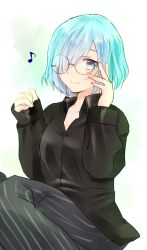 Rule 34 | 1girl, adjusting eyewear, black legwear, black shirt, blue eyes, blue hair, breasts, chii (sbshop), cleavage, closed mouth, commentary request, glasses, hair over one eye, hand on eyewear, kirishima touka, long sleeves, looking to the side, medium breasts, musical note, pants, sasaki haise, shirt, short hair, simple background, sitting, smile, solo, striped clothes, striped legwear, striped pants, tokyo ghoul, vertical-striped clothes, vertical-striped pants, white background