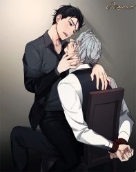 Rule 34 | 10s, 2boys, artist name, bdsm, black hair, blue eyes, blush, bound, bound wrists, brown eyes, chair, eye contact, gearous, hair slicked back, hand on another&#039;s face, jewelry, katsuki yuuri, looking at another, male focus, multiple boys, necktie, open mouth, ring, silver hair, sitting, smile, straddling, viktor nikiforov, yaoi, yuri!!! on ice