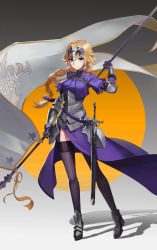 Rule 34 | 1girl, armor, armored boots, armored dress, black thighhighs, blonde hair, blue eyes, boots, braid, breasts, fate/grand order, fate (series), flag, flagpole, gauntlets, hair ribbon, headpiece, highres, jeanne d&#039;arc (fate), jeanne d&#039;arc (ruler) (fate), large breasts, long braid, long hair, looking at viewer, ribbon, scabbard, sheath, single braid, solo, sword, thighhighs, weapon, zqzqy