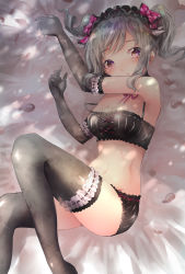 Rule 34 | 10s, 1girl, :o, arm garter, bare shoulders, black bloomers, black bra, black panties, bloomers, blush, bow, bra, breasts, chestnut mouth, cleavage, cross-laced clothes, drill hair, elbow gloves, frills, gloves, grey gloves, grey hair, grey thighhighs, hair bow, hairband, highres, idolmaster, idolmaster cinderella girls, kanzaki ranko, long hair, looking at viewer, lying, medium breasts, navel, negimapurinn, on back, on bed, panties, petals, pink bow, pink ribbon, red eyes, ribbon, ribbon-trimmed bra, solo, stomach, strap slip, swept bangs, thighhighs, twin drills, twintails, underwear, underwear only