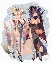 Rule 34 | 2girls, animal ears, ass, bandages, blonde hair, breasts, cat ears, cat girl, cat tail, cleavage, curvy, double bun, dress, elbow gloves, gloves, hair bun, halloween, halloween costume, happy, high heels, highres, large breasts, looking at viewer, multiple girls, obiwan, open mouth, original, purple hair, red eyes, revealing clothes, smile, standing, tail, thick thighs, thighhighs, thighs, weisuoxin, white legwear