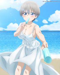 Rule 34 | 1girl, absurdres, bare arms, bare shoulders, blue eyes, blush, breasts, cleavage, cloud, commission, day, dress, eating, food, food in mouth, highres, holding, holding food, large breasts, narutorenegado01, outdoors, popsicle, sleeveless, sleeveless dress, solo, sundress, uzaki-chan wa asobitai!, uzaki hana, white dress