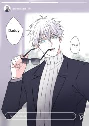 Rule 34 | 1boy, black jacket, blue eyes, blurry, blurry background, character name, english text, eyewear in mouth, unworn eyewear, gojou satoru, hair between eyes, hand up, high collar, holding, holding removed eyewear, implied yaoi, indoors, instagram story, instagram username, jacket, jujutsu kaisen, long bangs, long sleeves, looking at viewer, looking to the side, male focus, mouth hold, short hair, solo, speech bubble, suit jacket, sunglasses, sweater, talking, text focus, tongue, tongue out, turtleneck, turtleneck sweater, twitter username, upper body, white hair, worried, zerojima