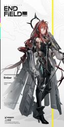 Rule 34 | 1girl, ahoge, arknights, arknights: endfield, arm guards, armor, blue hair, breasts, character name, cleavage, closed mouth, company name, copyright name, detached sleeves, earpiece, elevation contour lines, ember (arknights), expressionless, full body, gloves, greaves, hair between eyes, hair intakes, halo, halo behind head, high heels, holding, long hair, long sleeves, looking at viewer, mechanical halo, medium breasts, multicolored hair, official art, orange eyes, puffy sleeves, red hair, see-through, see-through cleavage, sideboob, sidelocks, solo, standing, streaked hair, very long hair, weapon, white gloves, white hair, white sleeves