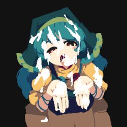 Rule 34 | 1girl, 4qw5, apron, aqua hair, aqua ribbon, arm ribbon, black background, breasts, cum, cum in mouth, cum on clothes, cum on hair, cum on hands, cupping hands, dress, facial, from above, green apron, green headwear, haniyasushin keiki, head scarf, highres, jewelry, kneeling, large breasts, long hair, looking at viewer, magatama, magatama necklace, necklace, open mouth, own hands together, pixel art, puffy short sleeves, puffy sleeves, red eyes, ribbon, short sleeves, simple background, single strap, solo, squinting, swept bangs, tongue, tongue out, touhou, yellow dress