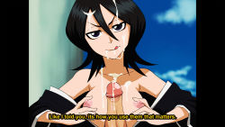 Rule 34 | 1boy, 1girl, :q, absurdres, bare shoulders, black hair, bleach, blue eyes, breasts, commission, cum, cum in mouth, cum on body, cum on breasts, cum on hair, cum on upper body, dirty ero, english text, facial, hair between eyes, highres, kuchiki rukia, looking at viewer, naizuri, nipples, paizuri, parted bangs, penis, pov, short hair, sky, small breasts, subtitled, tongue, tongue out, uncensored