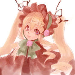 Rule 34 | 00s, 1girl, blonde hair, blue eyes, bonnet, bow, bowtie, drill hair, frills, green bow, green bowtie, head tilt, looking at viewer, rozen maiden, shinku, sidelocks, simple background, solo, tamachi kuwa, twintails, white background