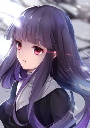 Rule 34 | 1girl, asagami fujino, blunt bangs, blurry, blurry background, breasts, commentary request, drill hair, ears visible through hair, fate/grand order, fate (series), hane yuki, highres, hime cut, kara no kyoukai, long hair, looking at viewer, medium breasts, multicolored shirt, parted lips, pink eyes, purple hair, reien girl&#039;s academy school uniform, school uniform, solo, upper body