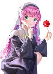 Rule 34 | 1girl, absurdres, black dress, blue eyes, blunt bangs, blush, candy apple, commentary, dress, finger to mouth, food, hands up, highres, holding, holding food, index finger raised, kamisama ni natta hi, long hair, long sleeves, looking at viewer, neck ribbon, nun, open mouth, orodji (shinorozi), pink hair, ribbon, satou hina (kamisama ni natta hi), simple background, solo, squatting, veil, white background, yellow ribbon