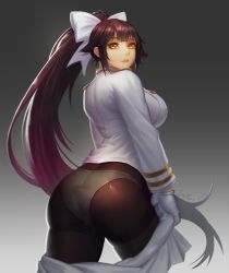 Rule 34 | 1girl, ass, azur lane, black hair, black pantyhose, blush, bow, breasts, brown eyes, cowboy shot, dated, from behind, gloves, gradient background, hair bow, large breasts, long hair, long sleeves, looking at viewer, looking back, military, military uniform, panties, panties under pantyhose, pantyhose, parted lips, ponytail, sidelocks, signature, simple background, skirt, skirt tug, solo, stephen, takao (azur lane), thighband pantyhose, twisted torso, underwear, undressing, uniform, very long hair, white bow, white panties