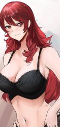 Rule 34 | 1girl, absurdres, armpit crease, armpits, bare shoulders, black bra, blush, bra, bra strap, breasts, brown background, cleavage, curly hair, eyelashes, hair between eyes, hand on own hip, highres, kirijou mitsuru, large breasts, long hair, looking at viewer, midriff, navel, nero watch, persona, persona 3, red eyes, red hair, removing legwear, simple background, smile, stomach, two-tone background, underwear, upper body, white background