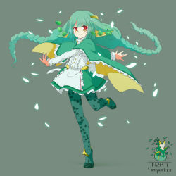 Rule 34 | 1girl, anklet, bad id, bad pixiv id, braid, cape, character name, creatures (company), dress, frills, game freak, gen 5 pokemon, green hair, hair ornament, jewelry, leaf, leaf print, long hair, nintendo, outstretched arms, pantyhose, personification, petals, pokemon, print pantyhose, red eyes, serperior, smile, solo, standing, standing on one leg, twin braids, yagami eiichi, yagami ryouichi