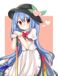 Rule 34 | 1girl, absurdres, bad id, bad pixiv id, blue hair, blush, bow, bowtie, cheunes, food, fruit, hat, heart, highres, hinanawi tenshi, leaf, long hair, looking at viewer, lovestruck, peach, pink background, puffy short sleeves, puffy sleeves, red bow, red eyes, shirt, short sleeves, simple background, skirt, smile, solo, sword of hisou, touhou