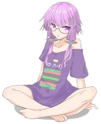 Rule 34 | 1girl, arm support, arms behind back, barefoot, bespectacled, character name, clothes writing, collarbone, commentary, glasses, hair tubes, highres, indian style, looking at viewer, purple-framed eyewear, purple eyes, purple hair, purple shirt, sena kizahashi, shirt, short hair with long locks, sidelocks, sitting, solo, vocaloid, voiceroid, white background, yuzuki yukari