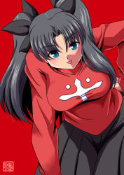 Rule 34 | 1girl, :p, black hair, blue eyes, breasts, fate/stay night, fate (series), hair ribbon, hand on own hip, large breasts, leaning forward, long hair, long legs, looking at viewer, oborogumo takamitsu, pleated skirt, red background, ribbon, skirt, sweater, tohsaka rin, tongue, tongue out, two side up