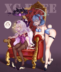 Rule 34 | 2girls, absurdres, ahoge, ako (blue archive), alternate costume, arm support, armband, armchair, doodle sensei (blue archive), bent over, black footwear, black pantyhose, blue archive, blue eyes, blue hair, book, breasts, chair, commentary request, demon girl, demon horns, fake tail, gradient background, groin, hair between eyes, hair ornament, hairband, hairclip, halo, high heels, highleg, highleg leotard, highres, hina (blue archive), horns, large breasts, leotard, long hair, looking at another, multiple girls, pantyhose, parted bangs, playboy bunny, purple eyes, rabbit tail, red armband, sensei (blue archive), shoes, unworn shoes, sidelocks, sitting, sleeveless, small breasts, spoken character, strapless, strapless leotard, tail, thighlet, wavy hair, white hair, xg epee