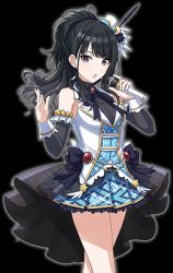 Rule 34 | 1girl, armpits, black eyes, black hair, blue skirt, frills, hat, hat feather, idol clothes, idolmaster, idolmaster shiny colors, kazano hiori, long hair, looking at viewer, microphone, mini hat, mole, mole under mouth, ponytail, skirt, star (symbol), thighs, transparent background