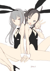 Rule 34 | ahoge, animal ears, back-to-back, bare legs, black hair, black ribbon, breasts, brown eyes, detached collar, forehead, grey hair, hair bun, highres, kantai collection, kasumi (kancolle), leotard, long hair, makinami (kancolle), matching outfits, one-hour drawing challenge, playboy bunny, rabbit ears, ribbon, side ponytail, simple background, small breasts, tetsukuzu (yajirushi shita), white background, wrist cuffs