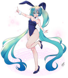 Rule 34 | 1girl, absurdly long hair, animal ears, aqua eyes, aqua hair, artist name, collar, fake animal ears, fishnet pantyhose, fishnets, full body, fundoshi inao, hair between eyes, hatsune miku, high heels, index finger raised, leotard, long hair, looking at viewer, open mouth, outstretched arm, pantyhose, playboy bunny, rabbit ears, rabbit girl, solo, twintails, very long hair, vocaloid, white background, wrist cuffs