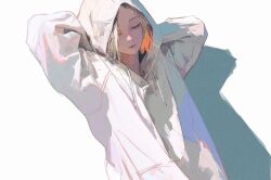 Rule 34 | 1boy, 96yottea, absurdres, androgynous, arms behind head, blonde hair, closed eyes, closed mouth, commentary, drawstring, dutch angle, facing viewer, haikyuu!!, hair over one eye, highres, hood, hood up, hoodie, kozume kenma, long sleeves, male focus, orange hair, parted hair, shadow, short hair, simple background, solo, upper body, white background, white hoodie