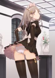 Rule 34 | 1girl, ass, black thighhighs, bow, brown eyes, brown hair, dress, elbow gloves, flower, from behind, gloves, hair bow, hair ornament, highres, lily (flower), long hair, looking back, maid, maid headdress, noco (adamas), original, panties, resized, solo, statue, thigh gap, thighhighs, tulip, two-sided fabric, two-sided skirt, underwear, upscaled, upskirt, vase, waifu2x, white panties, window