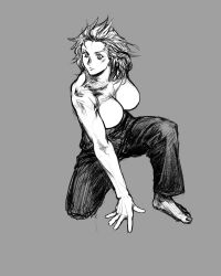 Rule 34 | bad id, bad pixiv id, barefoot, breasts, dorohedoro, greyscale, large breasts, monochrome, muscular, noi (dorohedoro), pants, sketch, solo