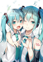 Rule 34 | 2girls, alexmaster, aqua eyes, aqua hair, cheek-to-cheek, detached sleeves, dual persona, hatsune miku, heads together, headset, highres, long hair, looking at viewer, multiple girls, nail polish, necktie, one eye closed, open mouth, smile, twintails, vocaloid, aged down