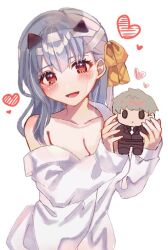 Rule 34 | 1girl, :d, bandaged head, bandages, blush, breasts, character doll, cleavage, commander (nikke), goddess of victory: nikke, grey hair, hair ribbon, heart, holding, large breasts, long hair, modernia (first affection) (nikke), modernia (nikke), off-shoulder shirt, off shoulder, official alternate costume, open mouth, red eyes, ribbon, shimada (smd dms), shirt, sidelocks, simple background, smile, solo, white background, white shirt, yellow ribbon