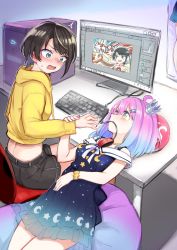 Rule 34 | 2girls, absurdres, ahoge, aomushi (mushamusha), aqua eyes, at computer, black dress, black shorts, blue hair, blush, brown hair, candy hair ornament, chair, computer, crescent print, crown, dress, food, food-themed hair ornament, gradient dress, gradient hair, green eyes, hair ornament, highres, himemori luna, himemori luna (sundress), hololive, hood, hood down, hoodie, keyboard (computer), looking at another, mini crown, monitor, mouse (computer), mouth hold, multicolored hair, multiple girls, official alternate costume, oozora subaru, open mouth, pink hair, poster (object), sausage, sausage legend, short hair, short shorts, shorts, sitting, star (symbol), star print, two-tone hair, virtual youtuber, yellow hoodie