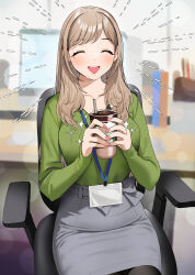 Rule 34 | 1girl, :d, ^ ^, akaori umeka, blurry, blurry background, blush, breasts, brown hair, chair, closed eyes, commentary request, cup, doushimasho, earrings, fingernails, green shirt, grey skirt, highres, holding, holding cup, id card, indoors, jewelry, lanyard, long hair, long sleeves, medium breasts, mole, mole under eye, on chair, open mouth, original, parted bangs, shirt, sitting, skirt, smile, solo