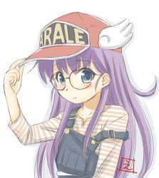 Rule 34 | 1girl, baseball cap, blue eyes, dr. slump, ebifly, glasses, hand on headwear, hand up, hat, long sleeves, looking at viewer, norimaki arale, orange shirt, overalls, parted lips, red-framed eyewear, red hat, round eyewear, shirt, solo, strap slip, striped clothes, striped shirt, upper body, winged hat