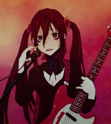 Rule 34 | 1girl, aged up, akazukin (tokyo akazukin), black dress, black hair, cleavage cutout, clothing cutout, commentary request, cosplay, dress, electric guitar, fang, fender (company), fender mustang, flower, guitar, hair between eyes, hair flower, hair ornament, instrument, k-on!, long hair, makeup, microphone, microphone stand, nakano azusa, nakano azusa (cosplay), neck ribbon, parted lips, plectrum, ribbon, solo, tamaoki benkyou, teeth, tokyo akazukin, twintails, upper body