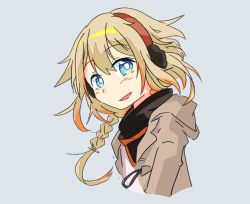 Rule 34 | 1girl, blonde hair, blue background, blue eyes, braid, brown coat, cevio, coat, commentary, cropped torso, hair flaps, headphones, hood, hooded coat, long hair, looking at viewer, one (cevio), open mouth, smile, solo, upper body, yamainu luna