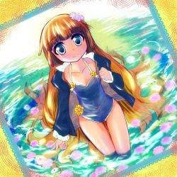 Rule 34 | 1girl, blue eyes, brown hair, highres, long hair, one-piece swimsuit, open clothes, open shirt, original, school swimsuit, shirt, solo, swimsuit, tsukiyono aroe, wading