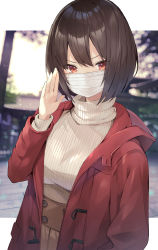 Rule 34 | 1girl, absurdres, belt, breasts, brown hair, brown skirt, commentary request, highres, jacket, large breasts, looking at viewer, masco, mask, mouth mask, orange eyes, original, pleated skirt, red jacket, ribbed sweater, short hair, skirt, solo, surgical mask, sweater, waving