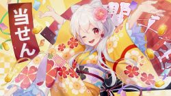 Rule 34 | 1girl, ;d, arms up, blush, breasts, checkered background, coin, commentary request, earrings, feet out of frame, floral print, flower, folding fan, gold, hair between eyes, hair flower, hair ornament, hand fan, highres, hoshino ruru, japanese clothes, jewelry, kimono, knees up, koban (gold), long hair, long sleeves, looking at viewer, obi, official art, one eye closed, open mouth, original, pink flower, print kimono, red eyes, sash, silver hair, small breasts, smile, solo, teeth, translation request, upper teeth only, very long hair, wide sleeves, yellow kimono