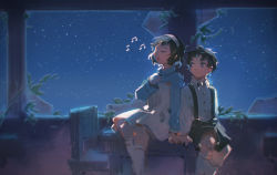 Rule 34 | brother and sister, digimon, digimon survive, haru (digimon survive), looking at another, minase miyuki, music, night, siblings, singing, star (sky)