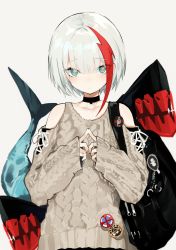 Rule 34 | 1girl, admiral graf spee (azur lane), admiral graf spee (peaceful daily life) (azur lane), aqua eyes, azur lane, bag, choker, cowboy shot, cross-laced clothes, cross-laced sleeves, eyes visible through hair, fingers together, fins, fish tail, flat chest, grey background, heart, heart-shaped pupils, highres, index fingers together, long sleeves, looking at viewer, multicolored hair, narue, pin, red hair, short hair, shoulder bag, silver hair, simple background, solo, sweater, symbol-shaped pupils, tail, two-tone hair